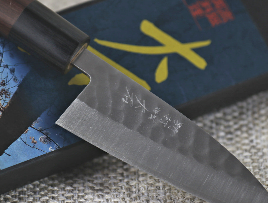 Ohishi SLD Migaki Tsuchime 105mm Ajikiri close up of the engraving and Tsuchime (Hammered) finish