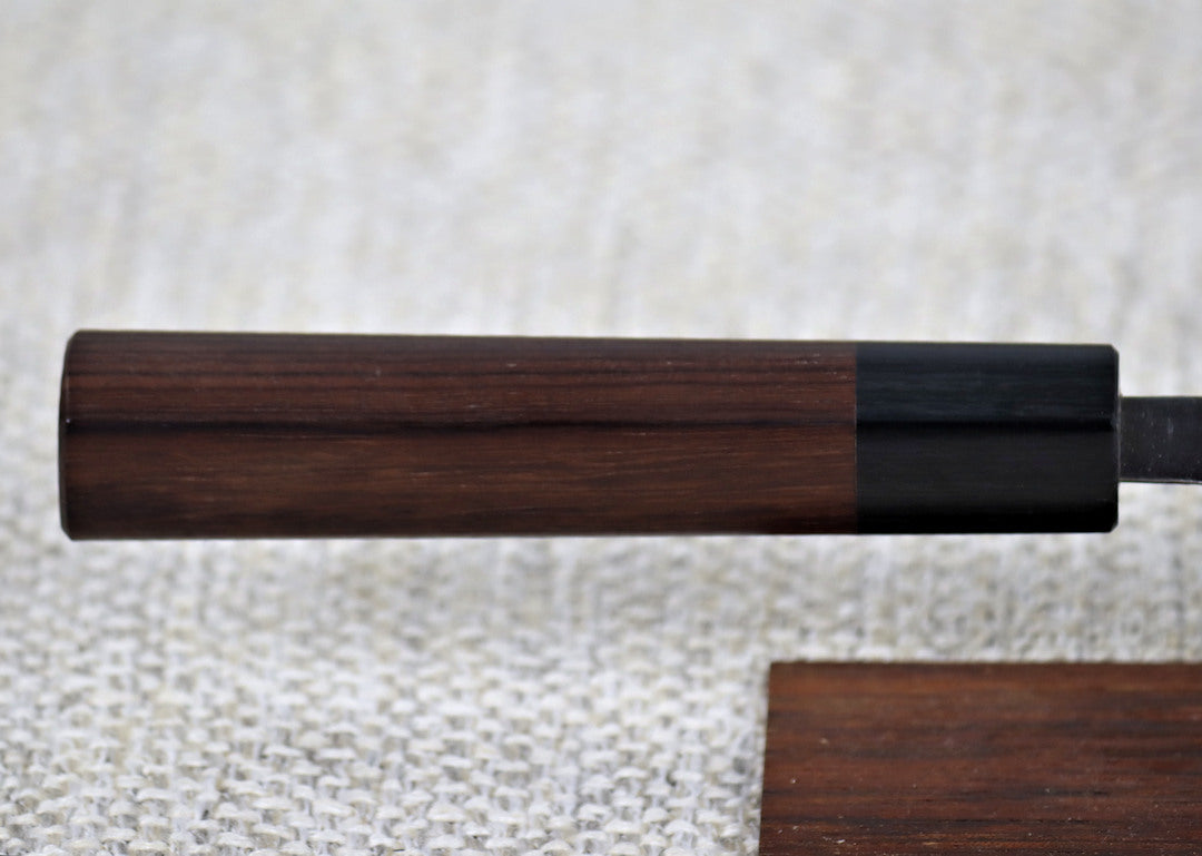 Ohishi Aogami 2 Kurouchi/Tsuchime 135mm Petty (Utility) Kitchen Knife close up of Kebony Maple handle with Pakka wood bolster