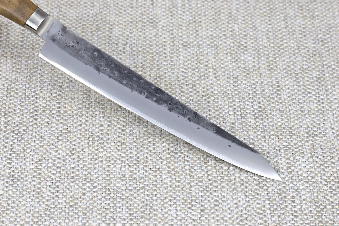 TadafusaAogami2 Nashiji Sujihiki240mm showing integral bolster  and finish on blade